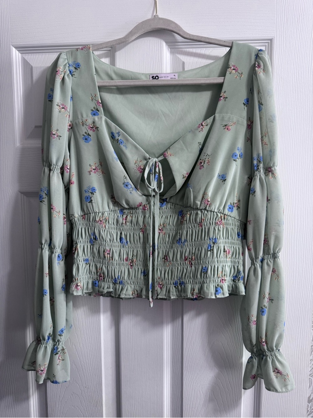 SO Light Sage Green Floral Smocked Crop Top